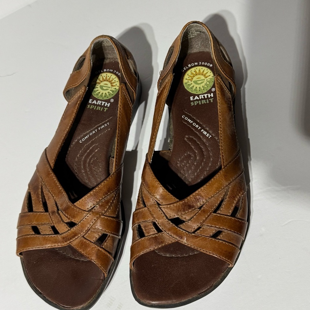 Earth Spirit Comfort First Brown Leather Open Toe‎ Slip On Sandals Size 6.5 - Picture 2 of 8